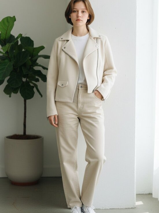 Matty M Jackets & Blazers - Matty M Soft Moto Jacket Cream Beige Zip Front Size L Minimalist Clean Girl EUC